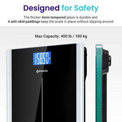 Bathroom Scale for Body Weight, Highly Accurate Digital Electronic Weighing Machine for People, LCD Display, Large Size, 6Mm Tempered Glass for Safe Home Use, Batteries Included, 400 Lbs | Large 6Mm Tempered Glass Platform, Clear LCD Display, Batteries In